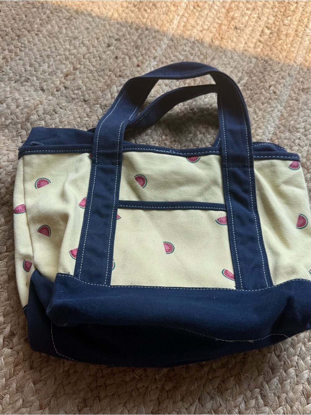 Canvas Tote Bag Cream Navy Blue Medium Watermelon Fruit Print Boat Beach Summer